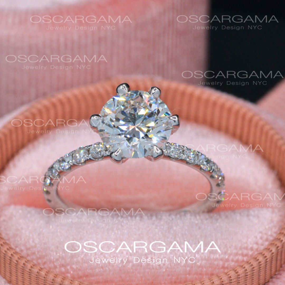 2ct Solitaire Round Diamond engagement ring with pave on the prongs and band