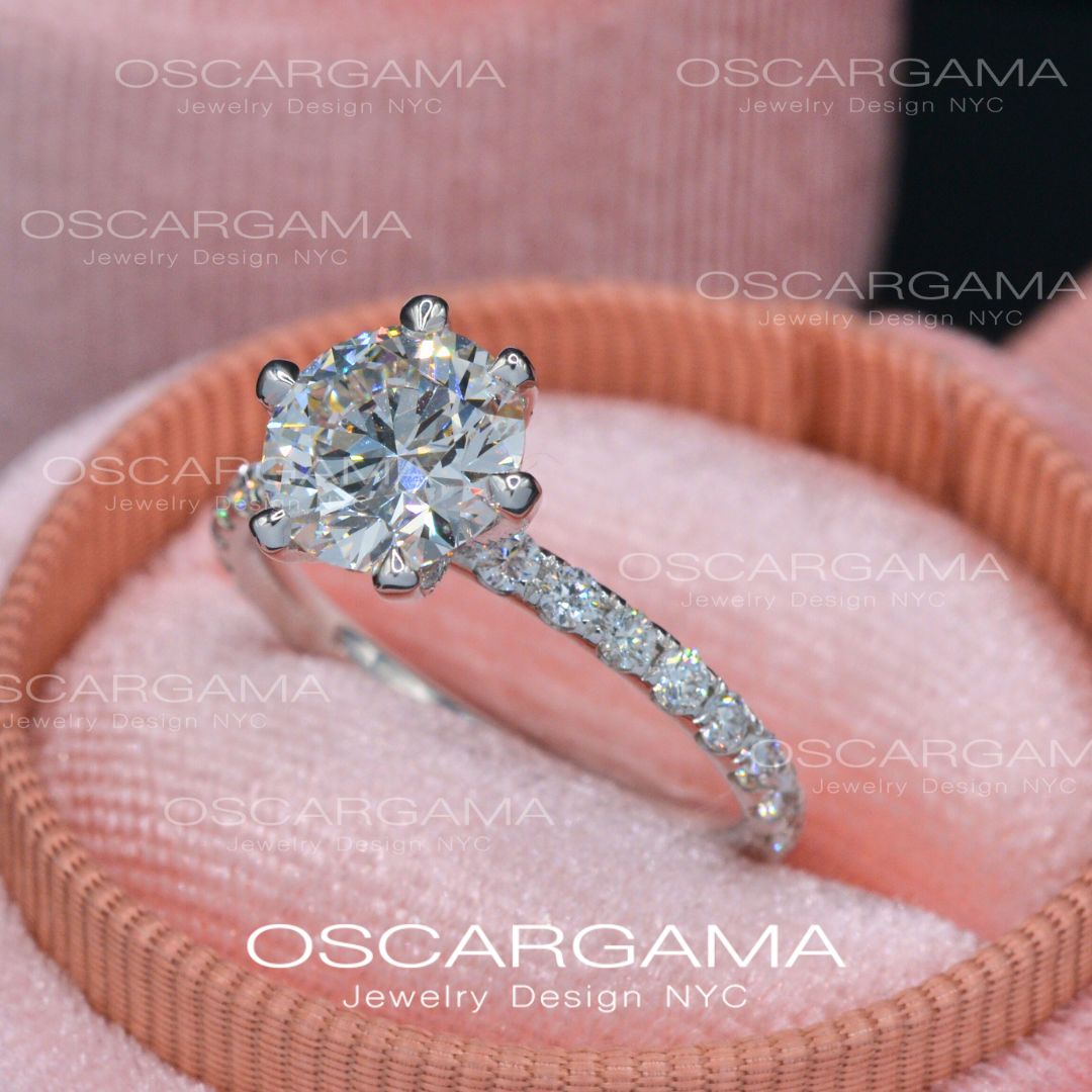 2ct Solitaire Round Diamond engagement ring with pave on the prongs and band