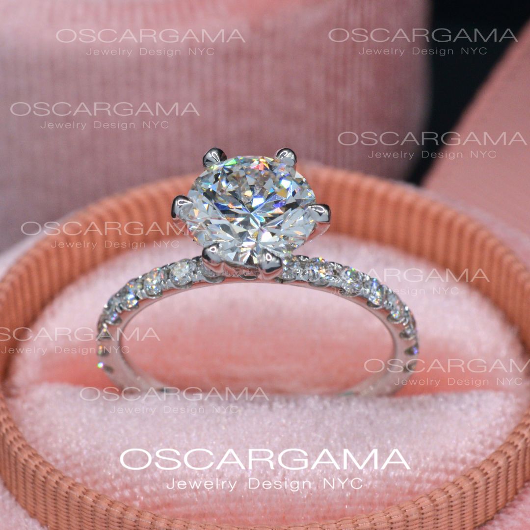 2ct Solitaire Round Diamond engagement ring with pave on the prongs and band