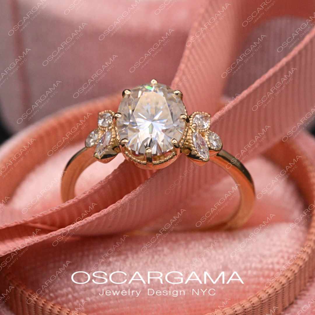 Jenn Oval Engagement Ring With White Marquise Diamonds Vintage Inspired