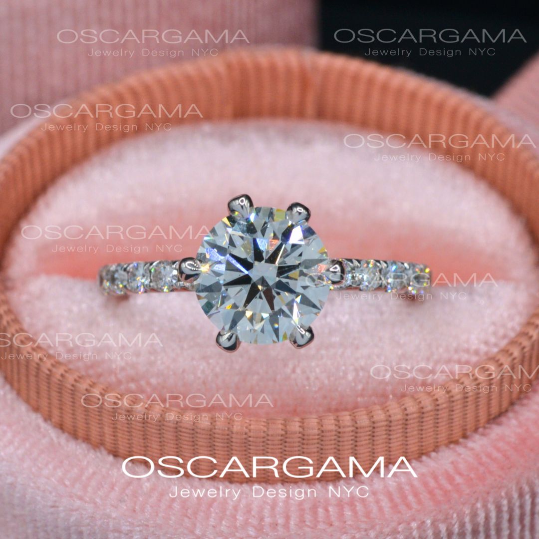 2ct Solitaire Round Diamond engagement ring with pave on the prongs and band