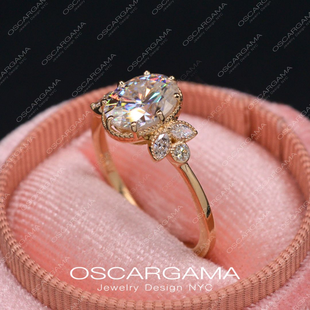 Jenn Oval Engagement Ring With White Marquise Diamonds Vintage Inspired