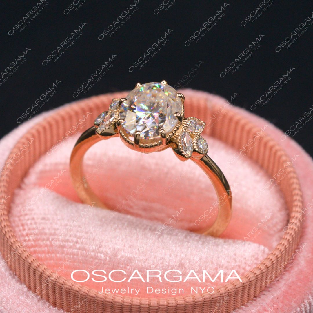 Jenn Oval Engagement Ring With White Marquise Diamonds Vintage Inspired