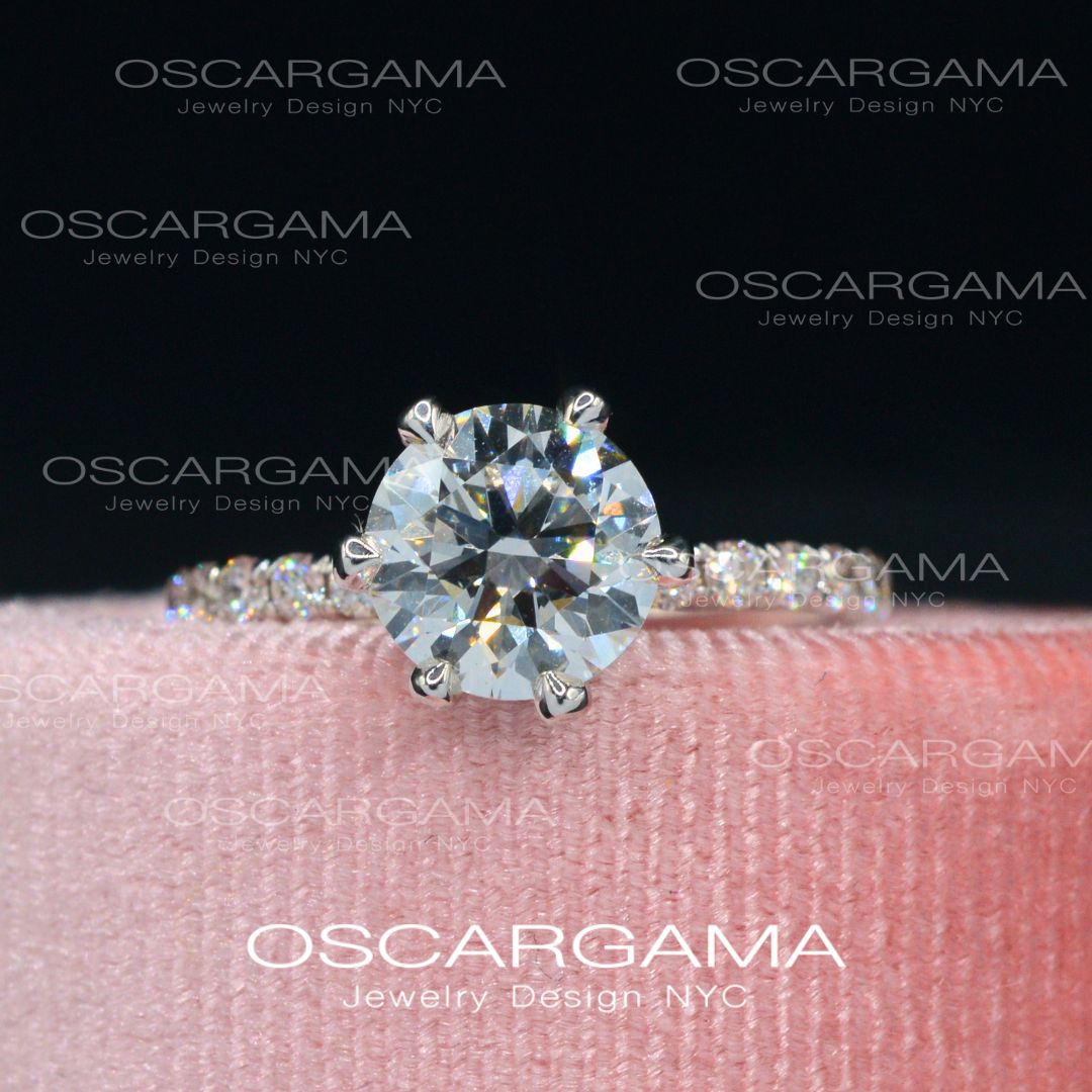 2ct Solitaire Round Diamond engagement ring with pave on the prongs and band