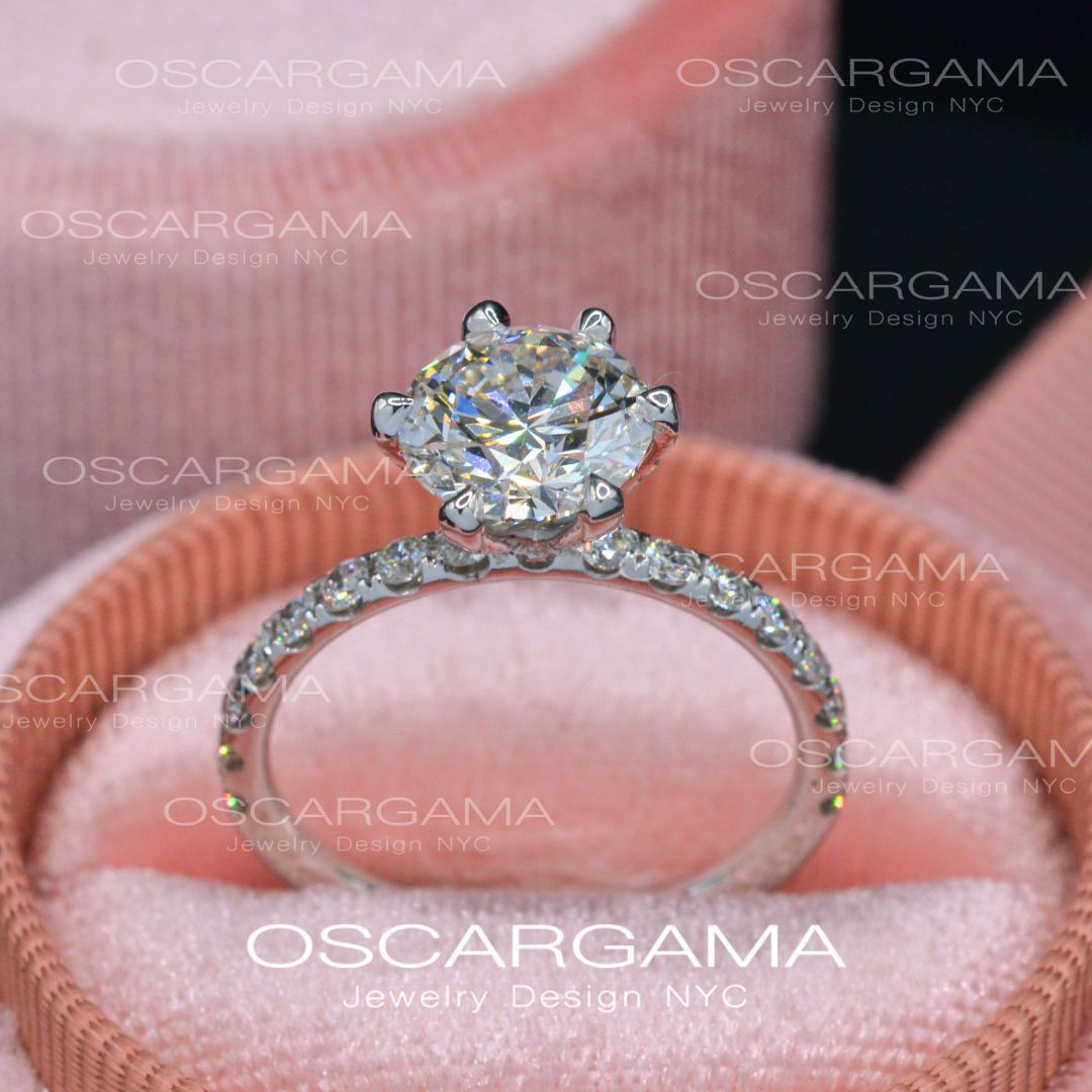 2ct Solitaire Round Diamond engagement ring with pave on the prongs and band