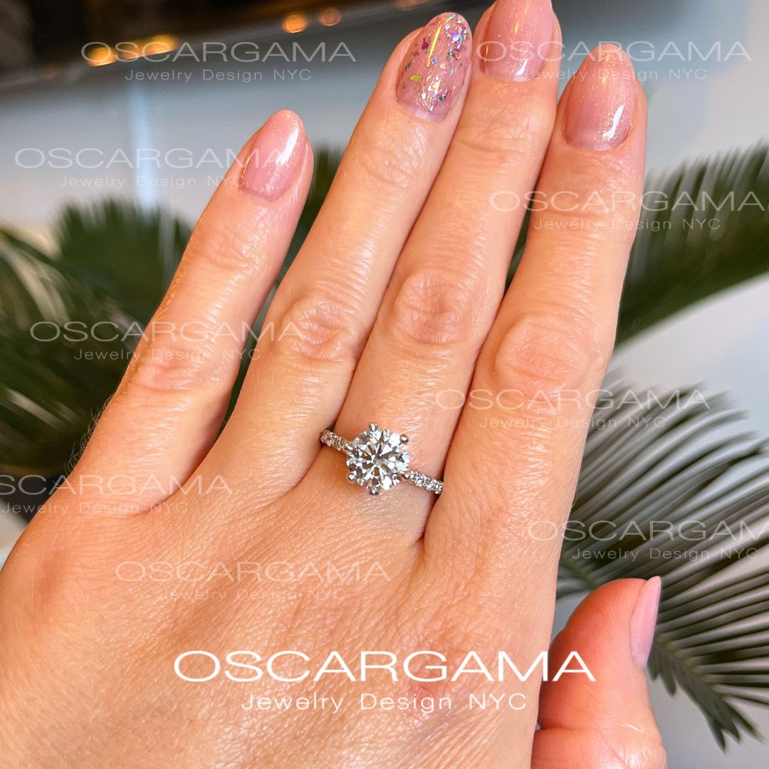 2ct Solitaire Round Diamond engagement ring with pave on the prongs and band