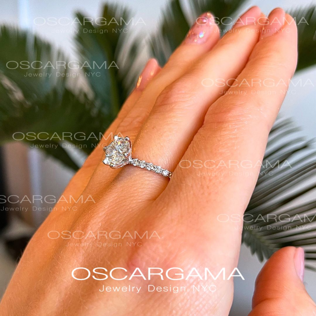 2ct Solitaire Round Diamond engagement ring with pave on the prongs and band