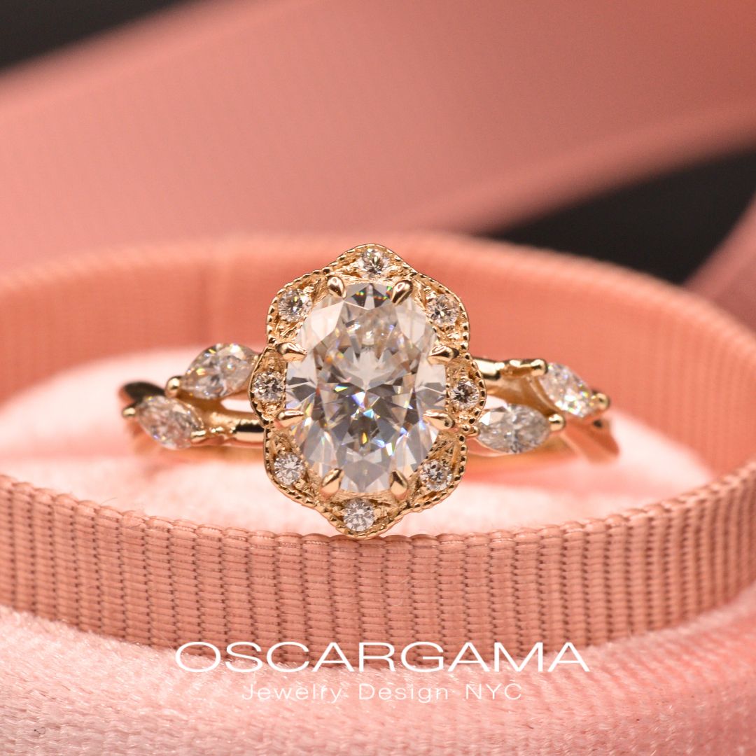 Daisy Oval Twisted Engagement Ring with marquises