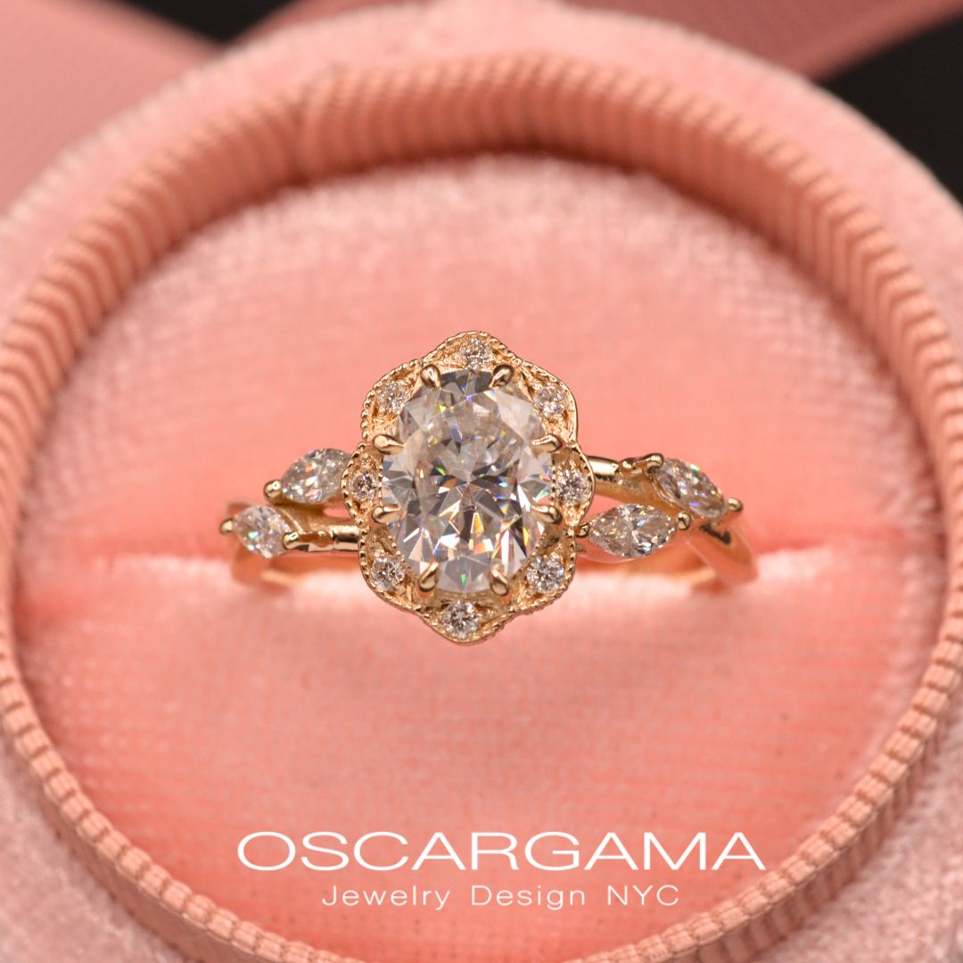 Daisy Oval Twisted Engagement Ring with marquises