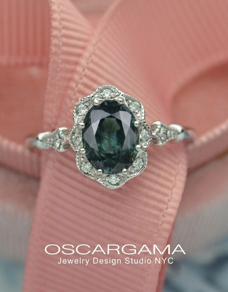 Haydee natural Teal greenish blue Montana Sapphire Oval Halo Engagement Ring Vintage Style (Copy)