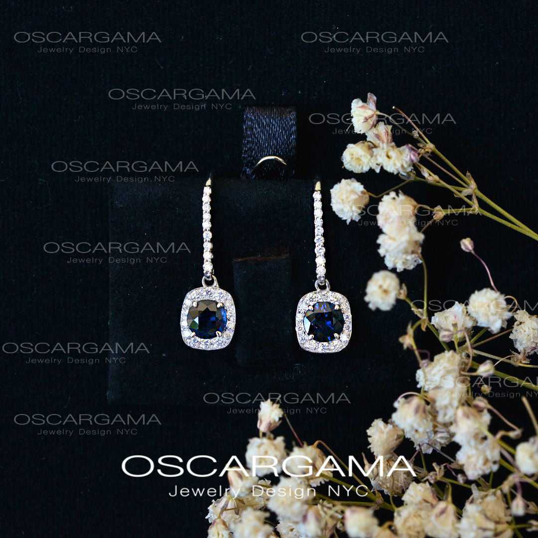 Midnight Blue Sapphire & Diamond Halo Drop Earrings
