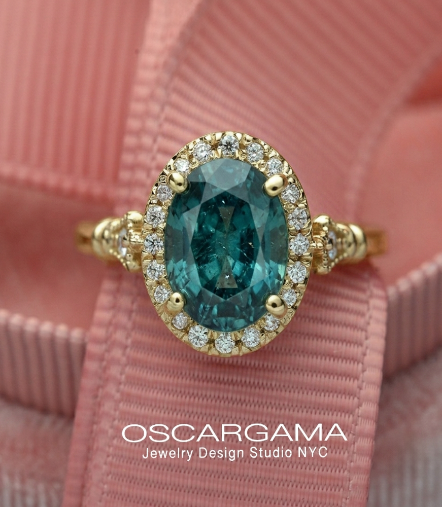 Haydee natural Teal greenish blue Montana Sapphire Oval Halo Engagement Ring Vintage Style (Copy)