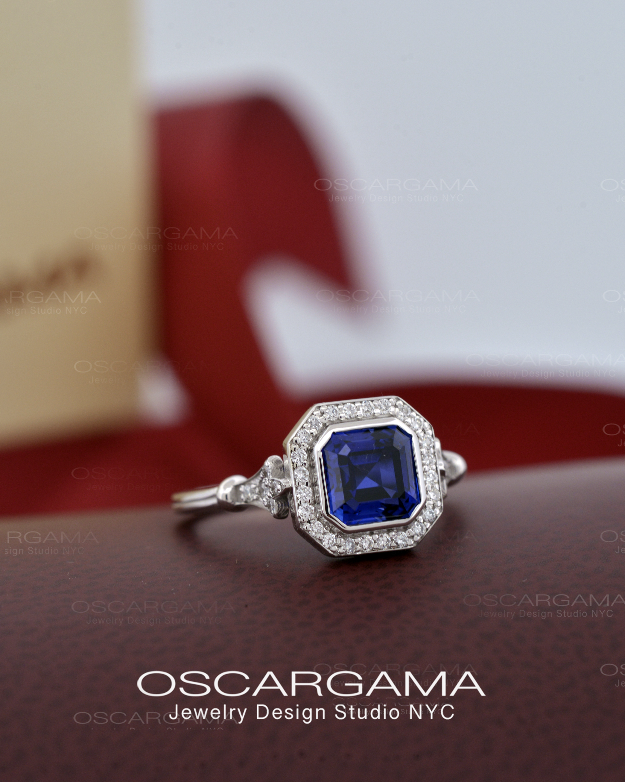 Jessica Asscher Cut Bezel Halo Engagement Ring