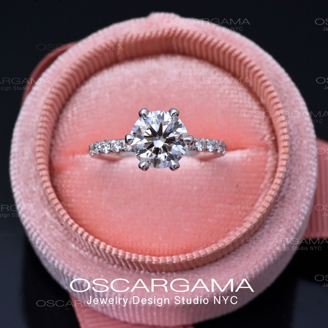 2ct Solitaire Round Diamond engagement ring with pave on the prongs and band