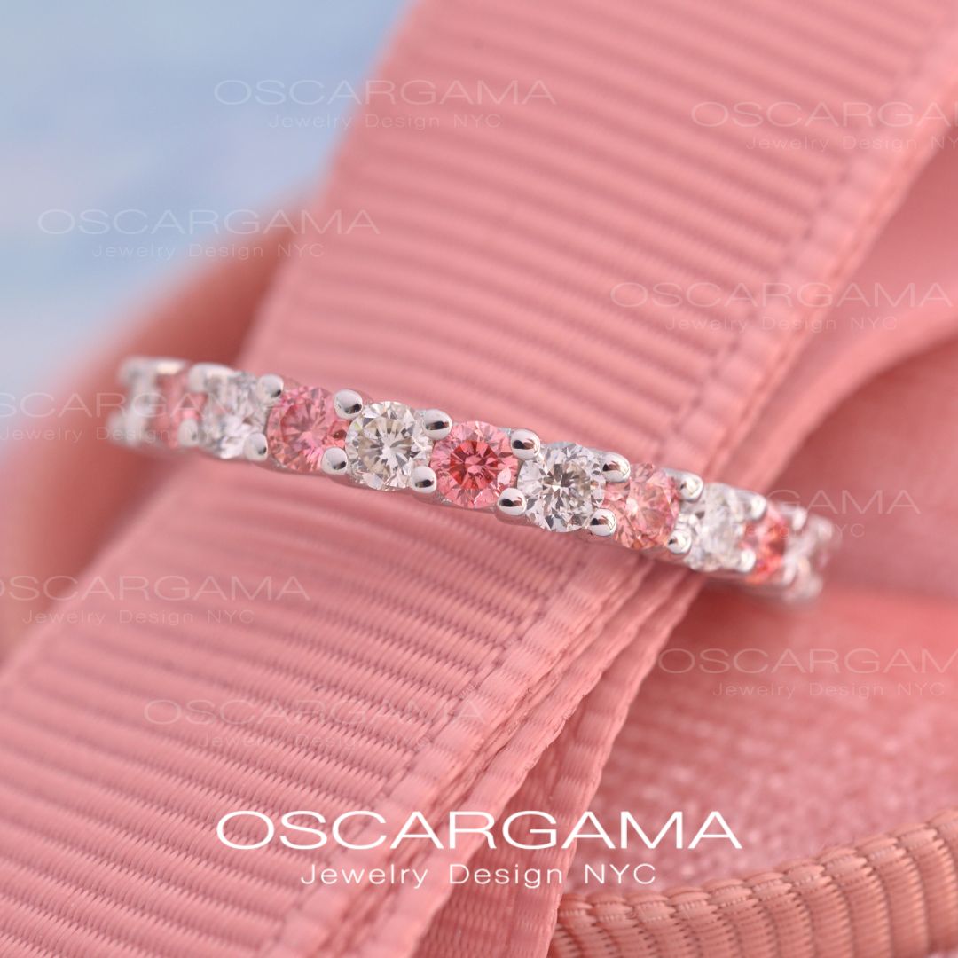 Wedding Band Common Prong Pink & White Diamonds 1ct