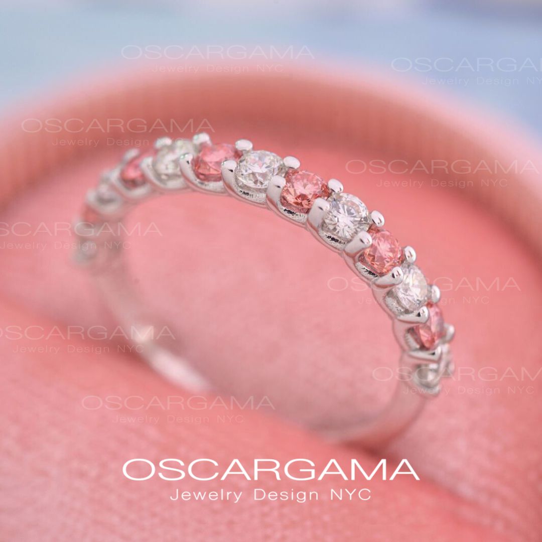 Wedding Band Common Prong Pink & White Diamonds 1ct