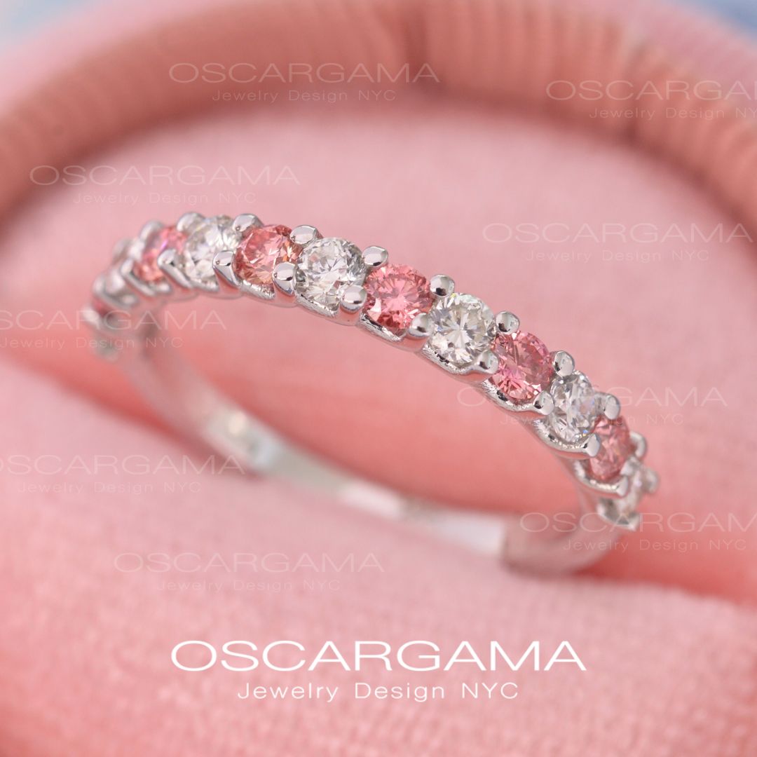Wedding Band Common Prong Pink & White Diamonds 1ct