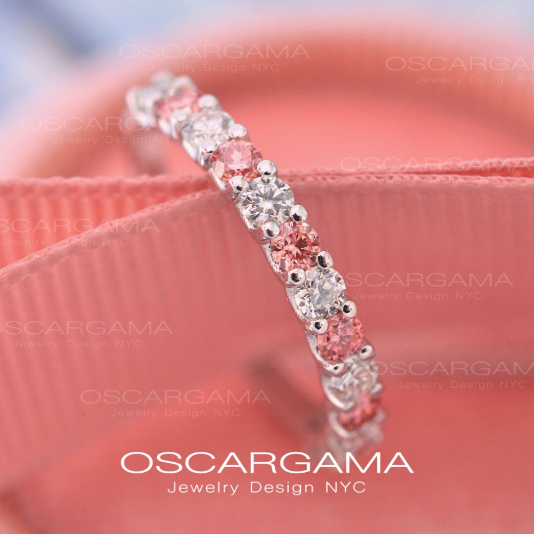 Wedding Band Common Prong Pink & White Diamonds 1ct