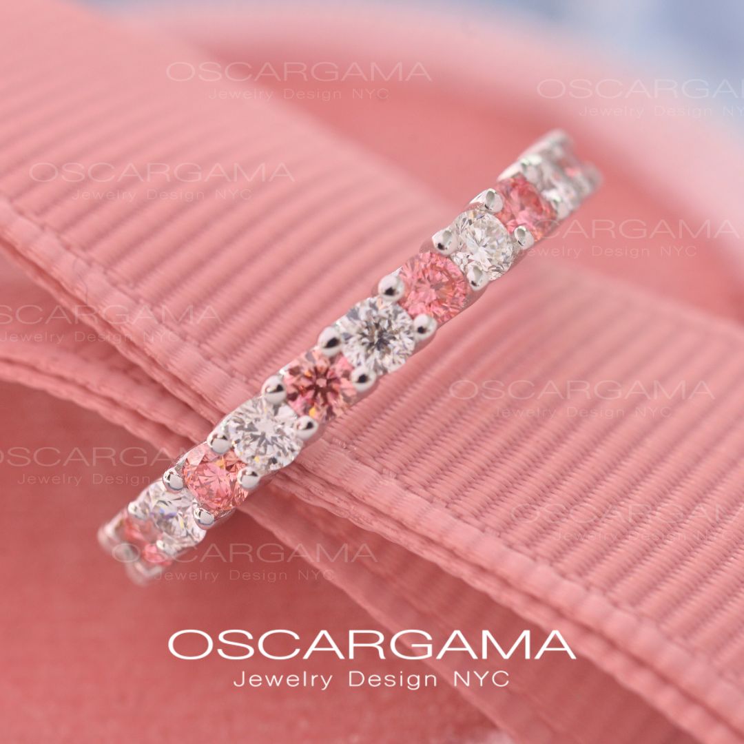 Wedding Band Common Prong Pink & White Diamonds 1ct