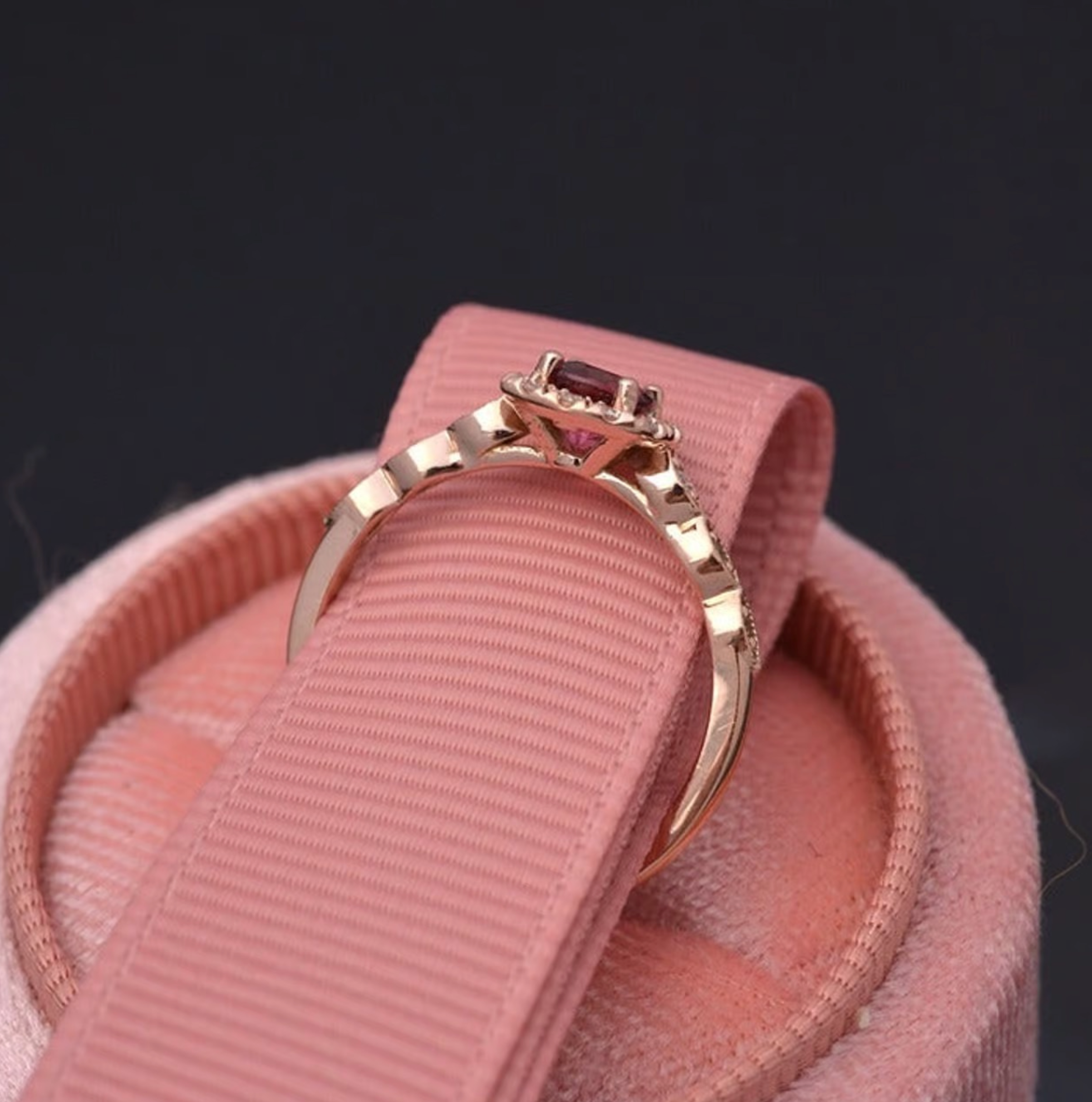 CUSTOM Jazzlyn Red Garnet Cushion style halo engagement ring