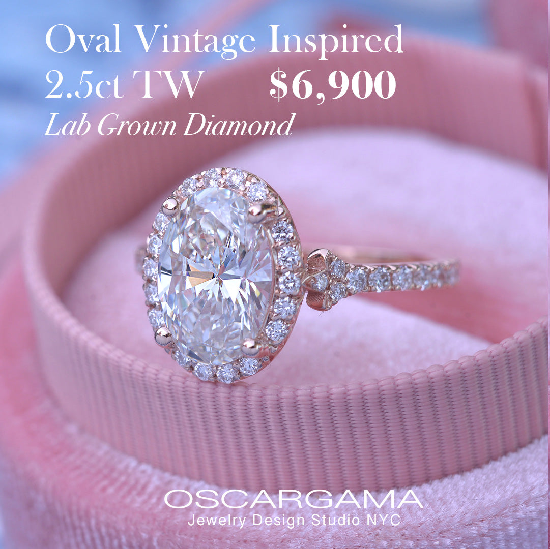 Oval halo 2.5 carat engagement ring with french cut pave in rose gold Vintage inspired