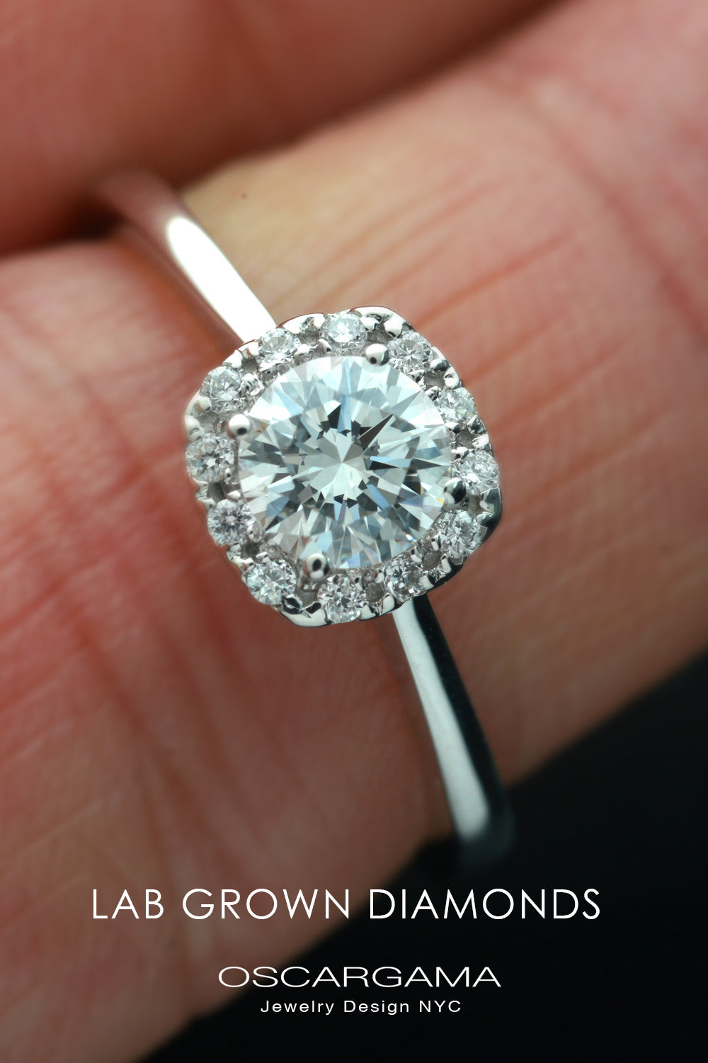 engagement ring with a cushion halo in white gold in a finger