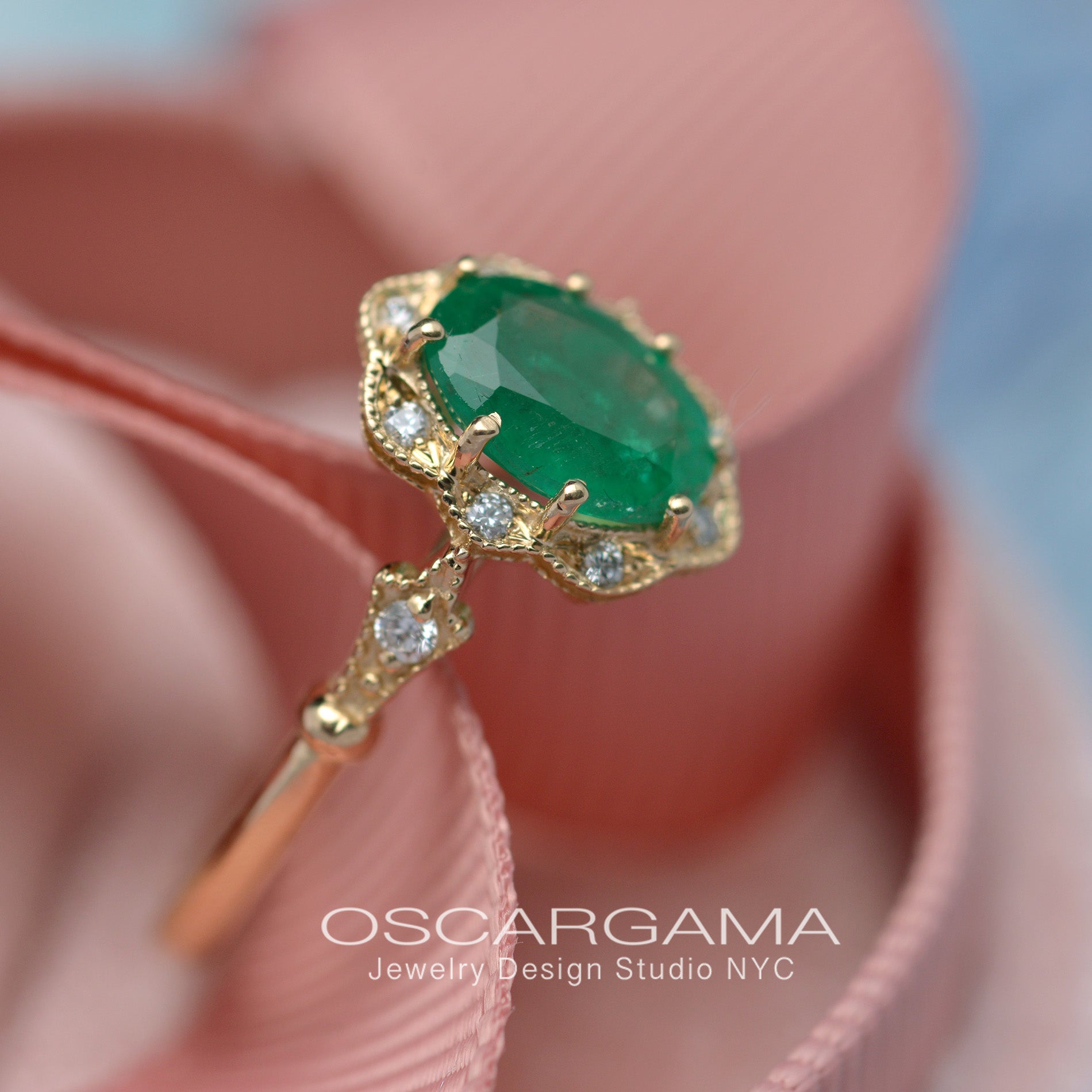 Natural oval green emerald engagement ring