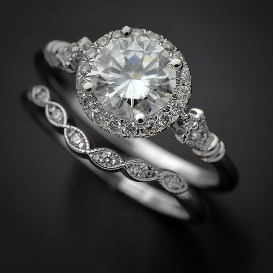 white gold round halo engagement ring with band