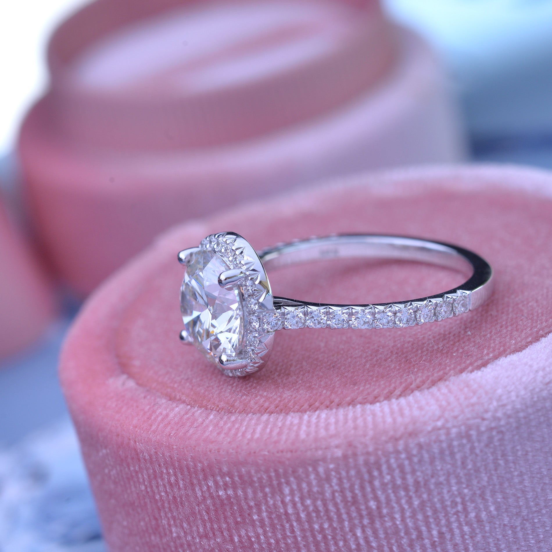 3 carat oval Halo engagement ring french cut pave in white gold side view