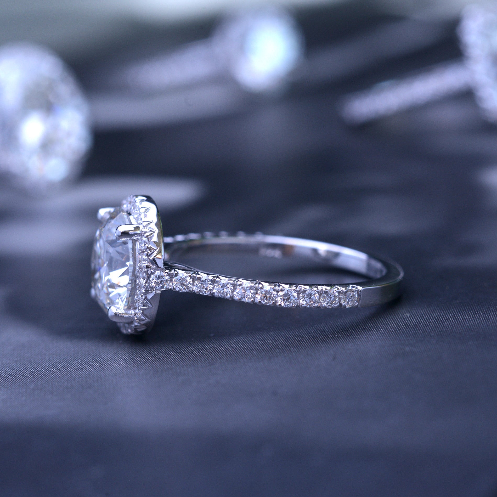 3 carat oval Halo engagement ring french cut pave side view