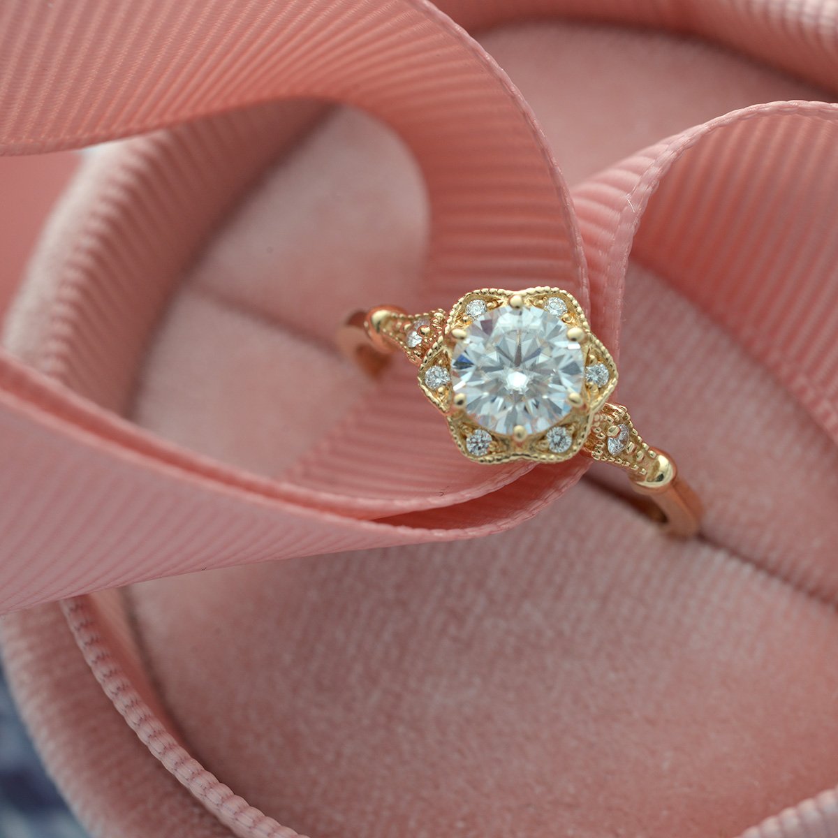 yellow gold engagement ring round flower halo