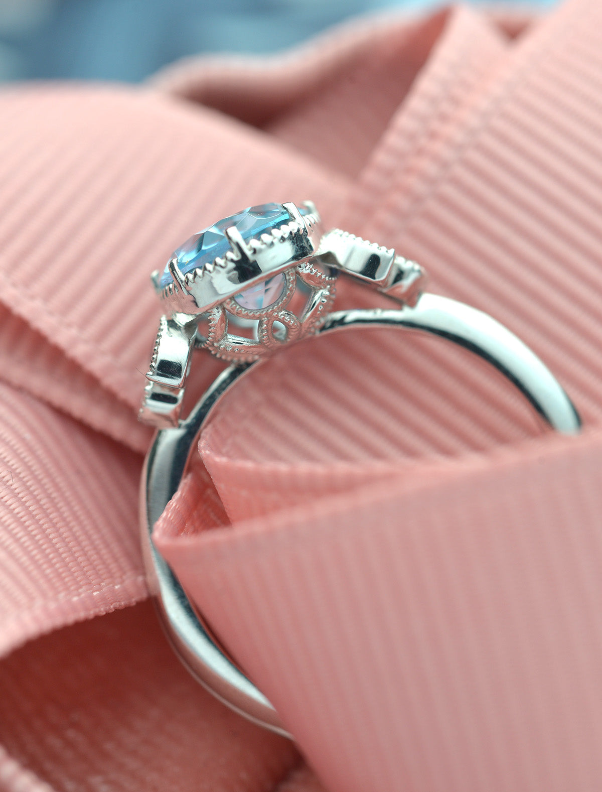 Oval blue aqua marine engagement ring front view