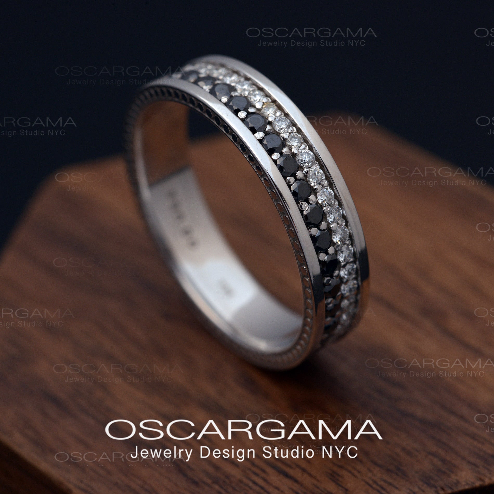 man wedding band with black and white diamonds