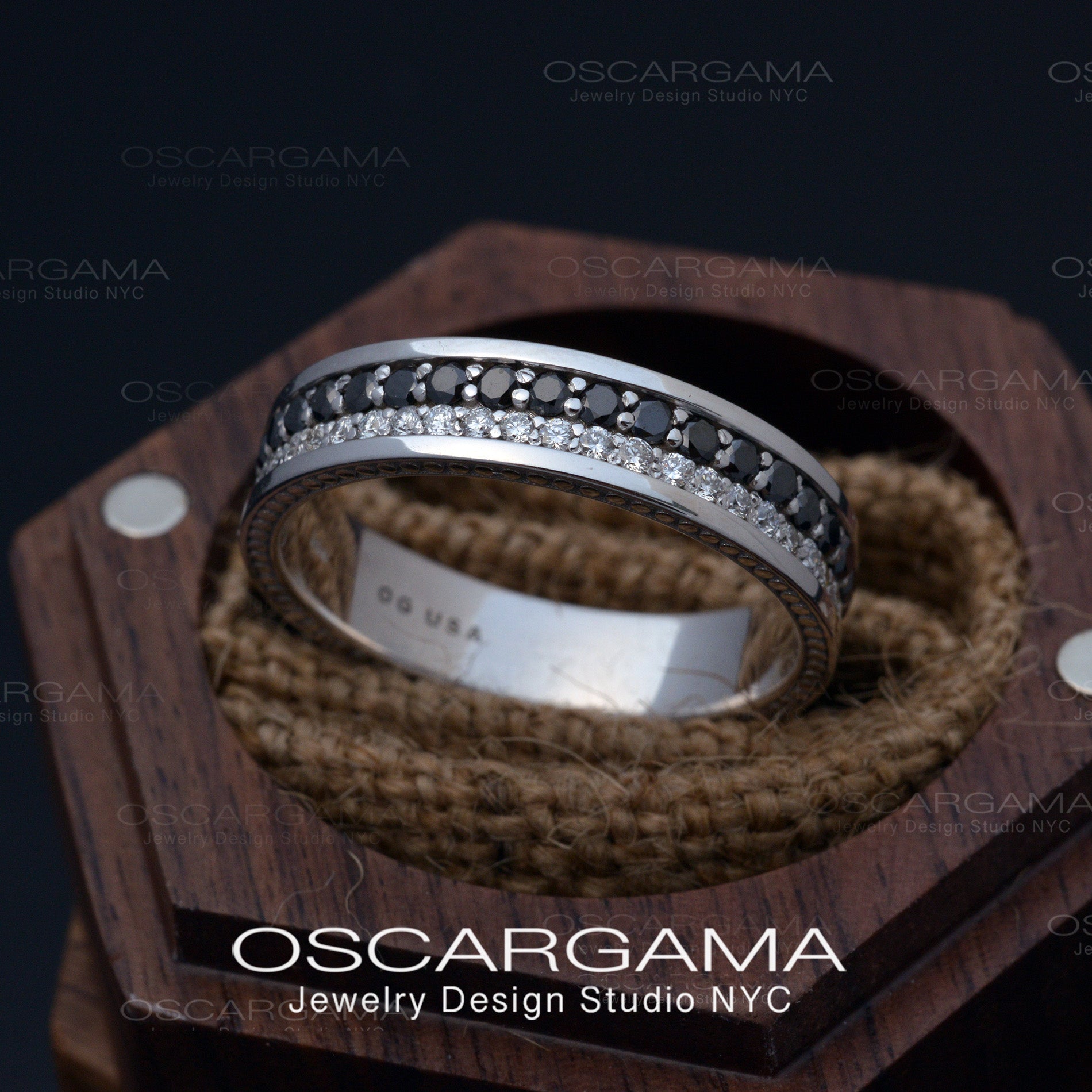 man wedding band with black and white diamonds