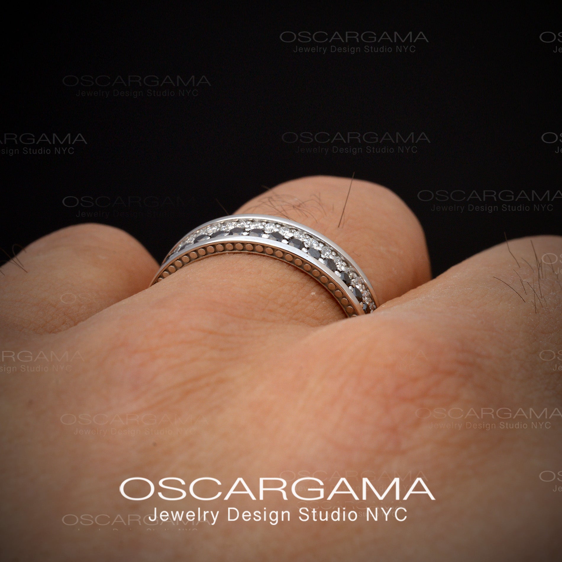 man wedding band with black and white diamonds