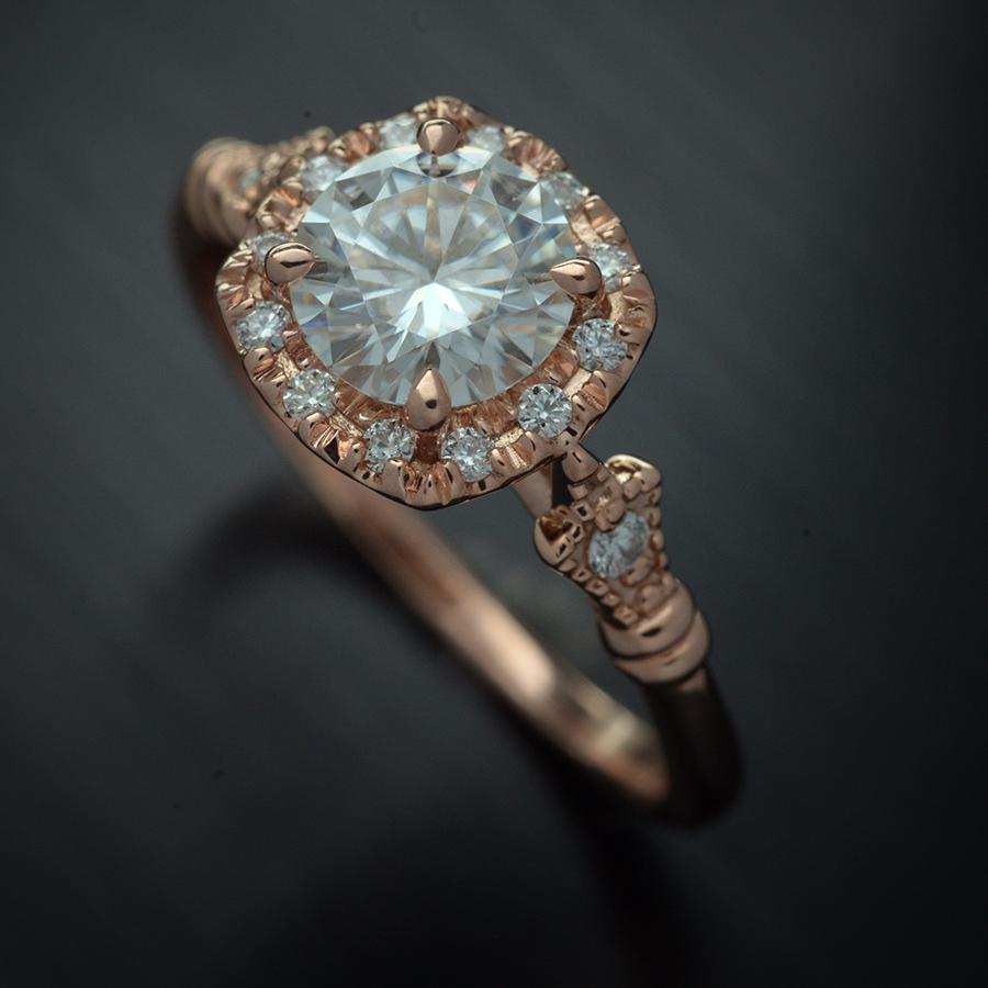 rose gold cushion halo engagement ring vintage style