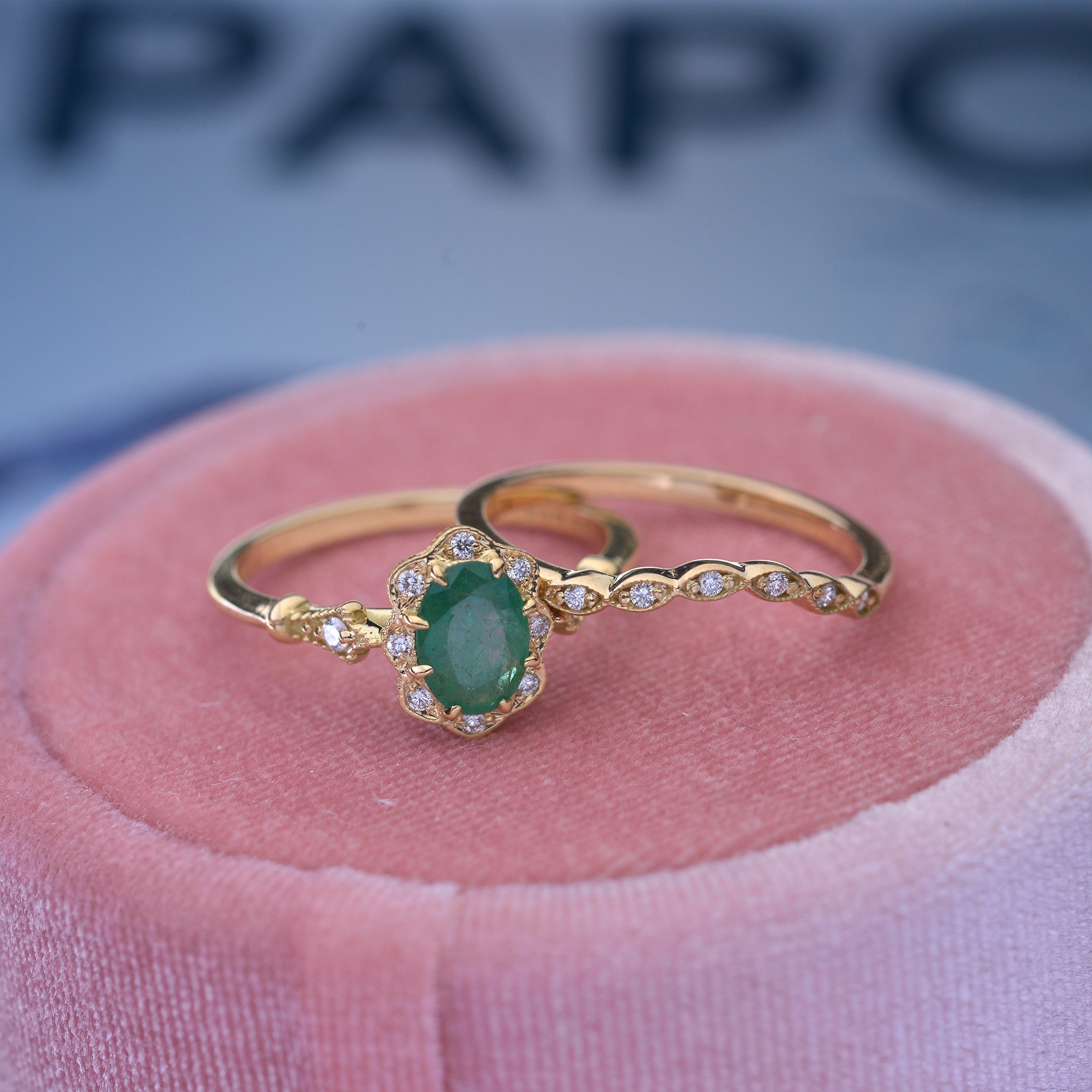 Natural oval green emerald engagement ring