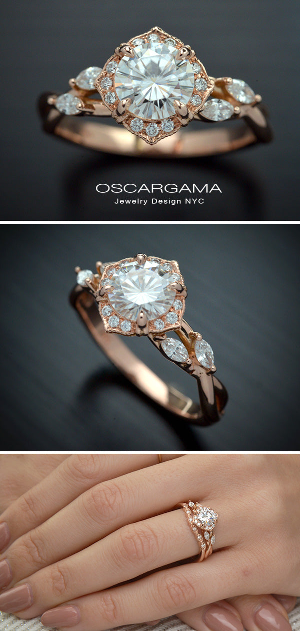 √Rose gold engagement ring vintage inspired halo with a twist band in a hand