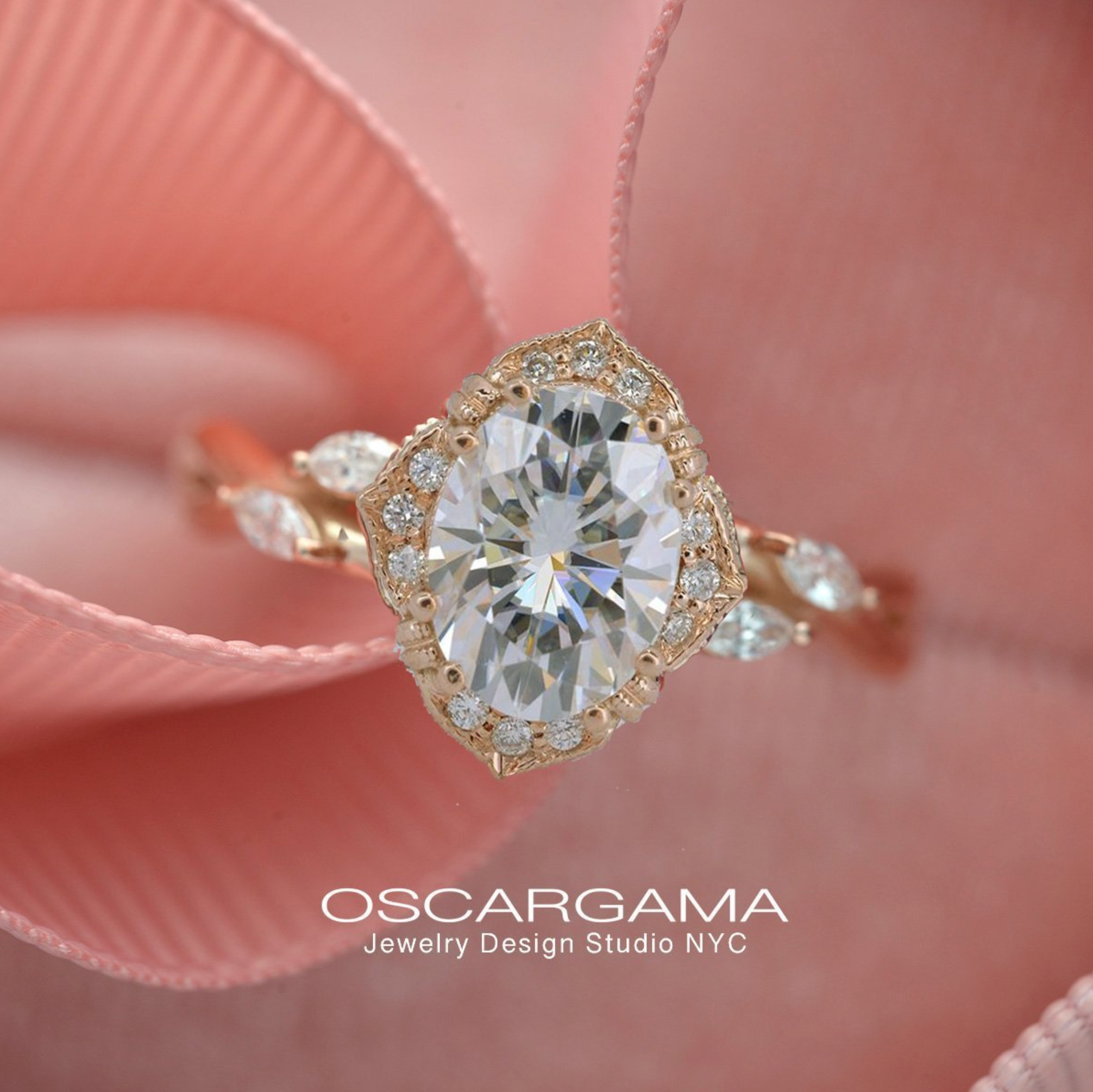 Engagement ring oval halo vintage look rose gold twist shank