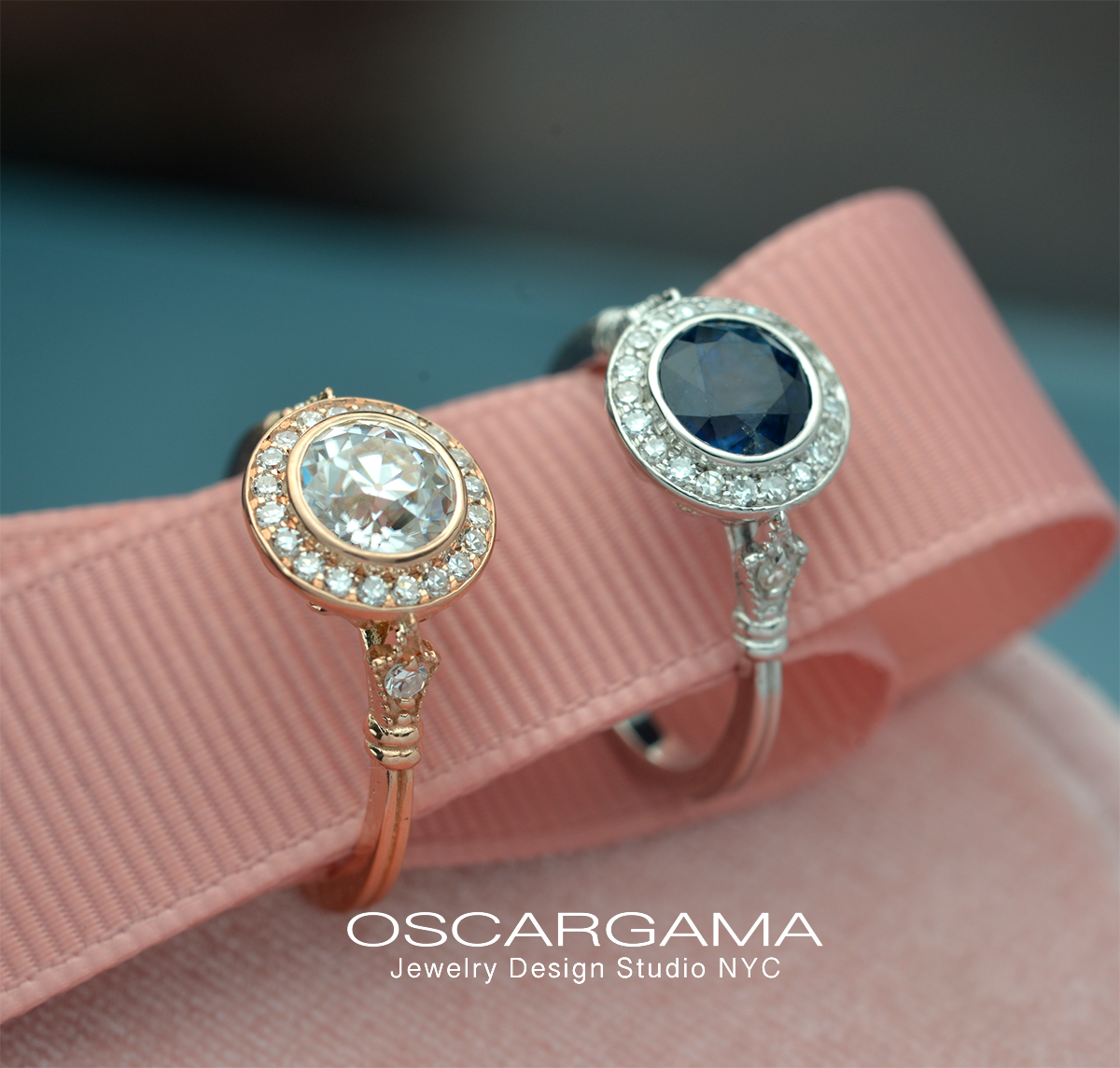 round bezel halo vintage look with moissanite and blue sapphire