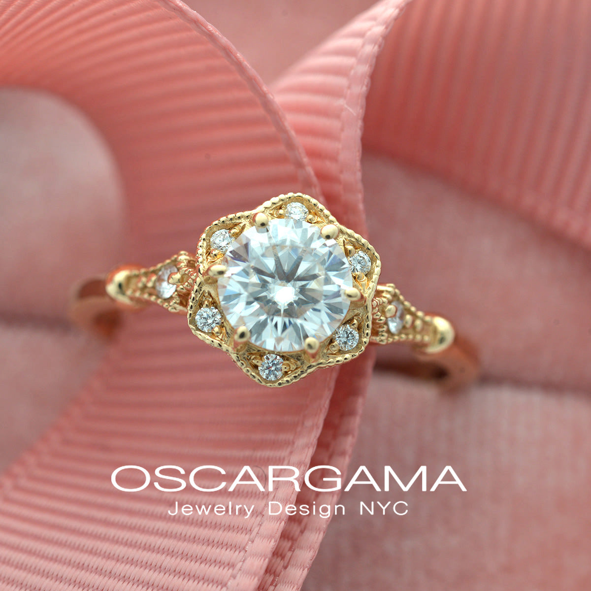 Daisy round yellow gold vintage style inspired engagement ring