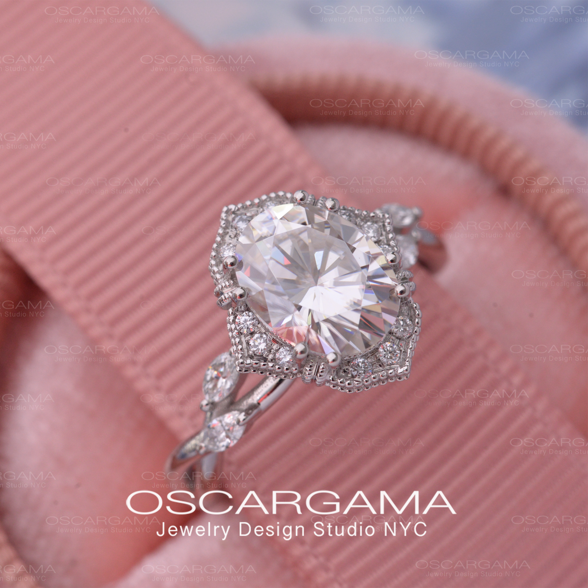 Engagement ring oval halo engagement ring vintage inspired white gold twist shank