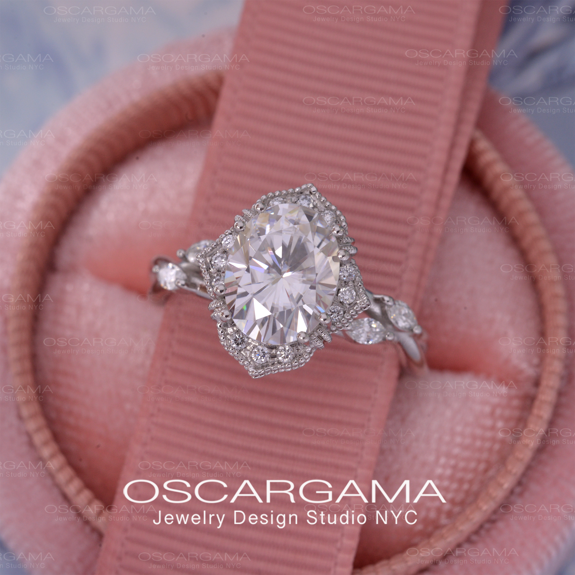 Engagement ring oval halo engagement ring vintage inspired white gold twist shank