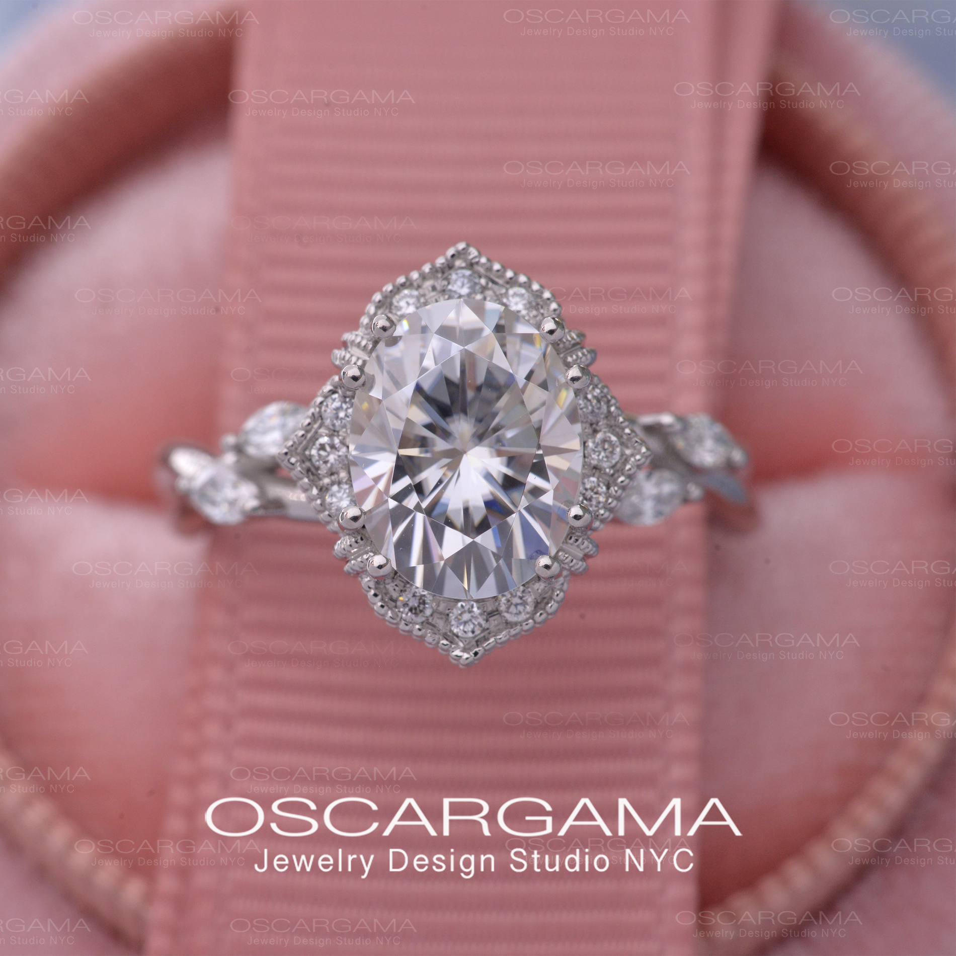 Engagement ring oval halo engagement ring vintage inspired white gold twist shank