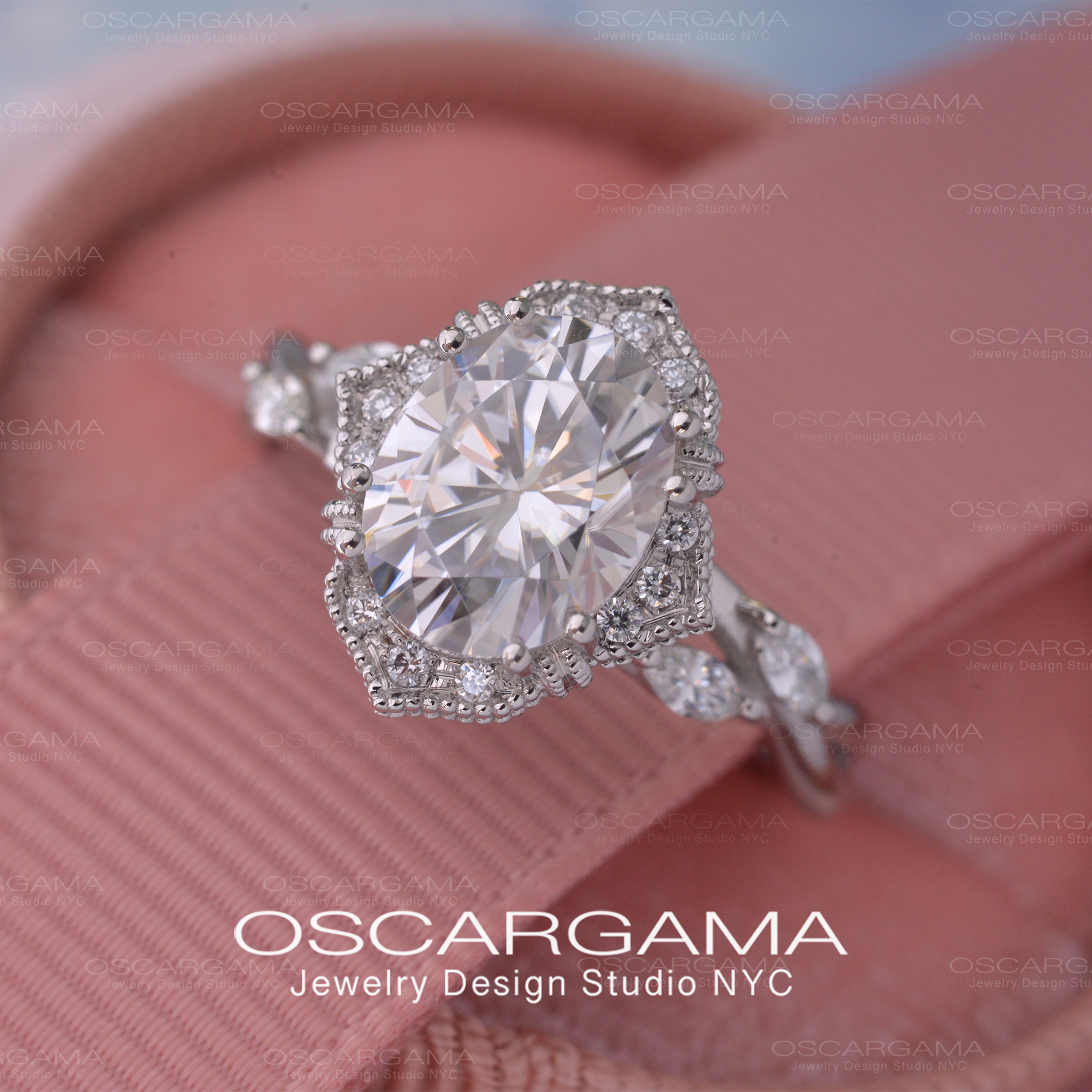 Engagement ring oval halo engagement ring vintage inspired white gold twist shank