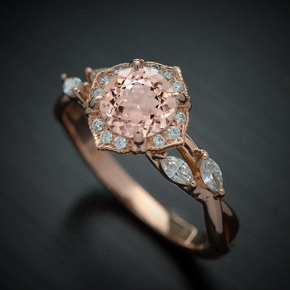 white gold halo engagement ring twisted band morganite center stone