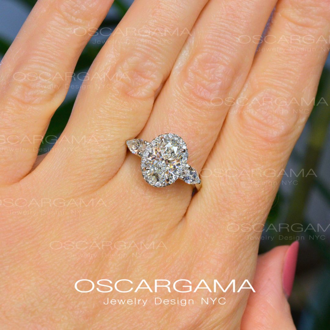 Three stone Oval Halo engagement ring classic style