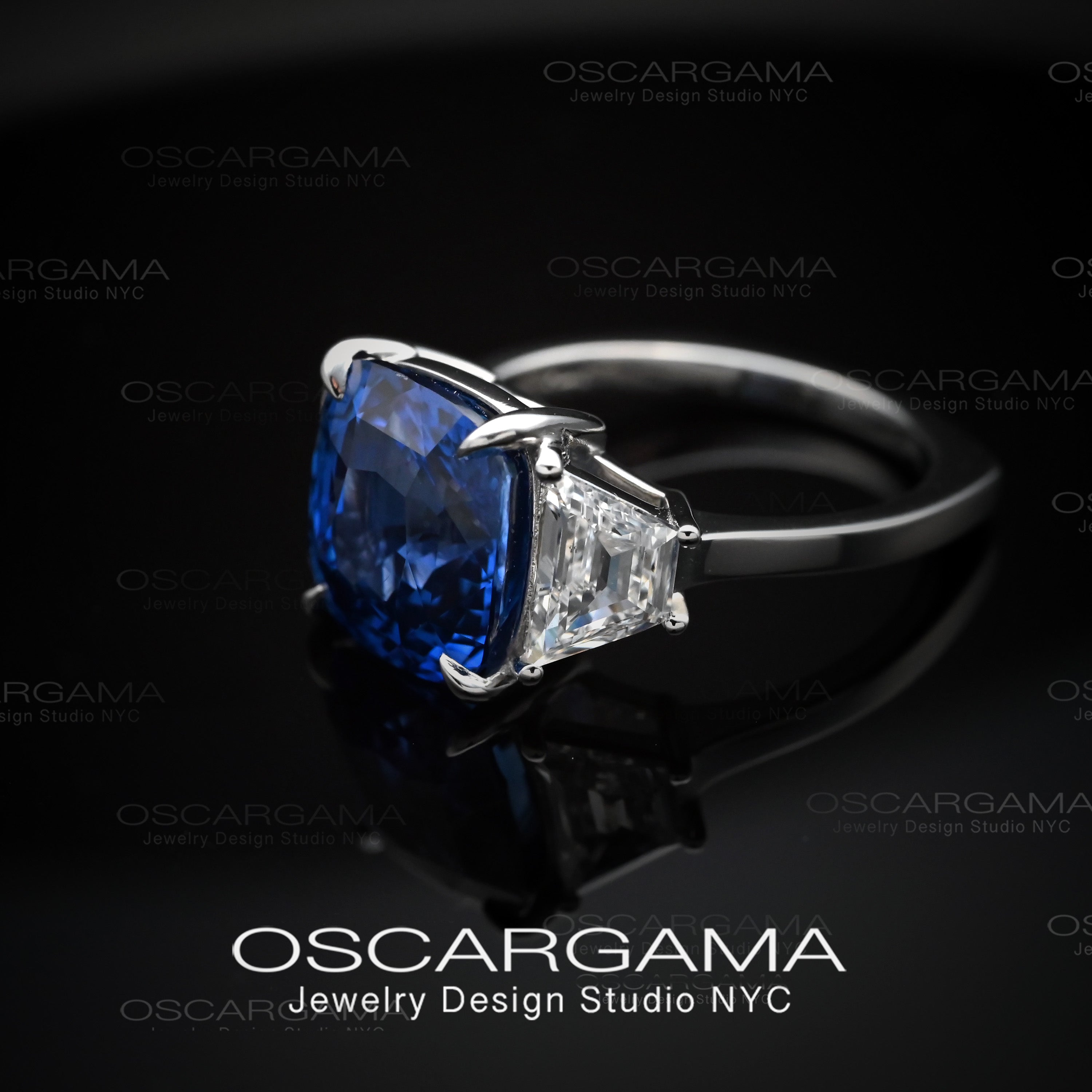 Natural Ceylon blue sapphire 3 stone engagement ring