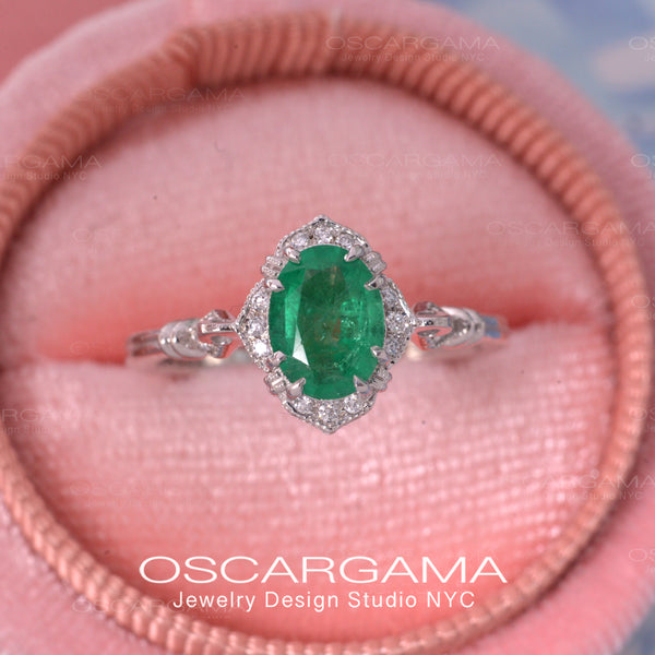 Haydee Green Emerald Oval Halo Engagement Ring Vintage Style in 14k Gold