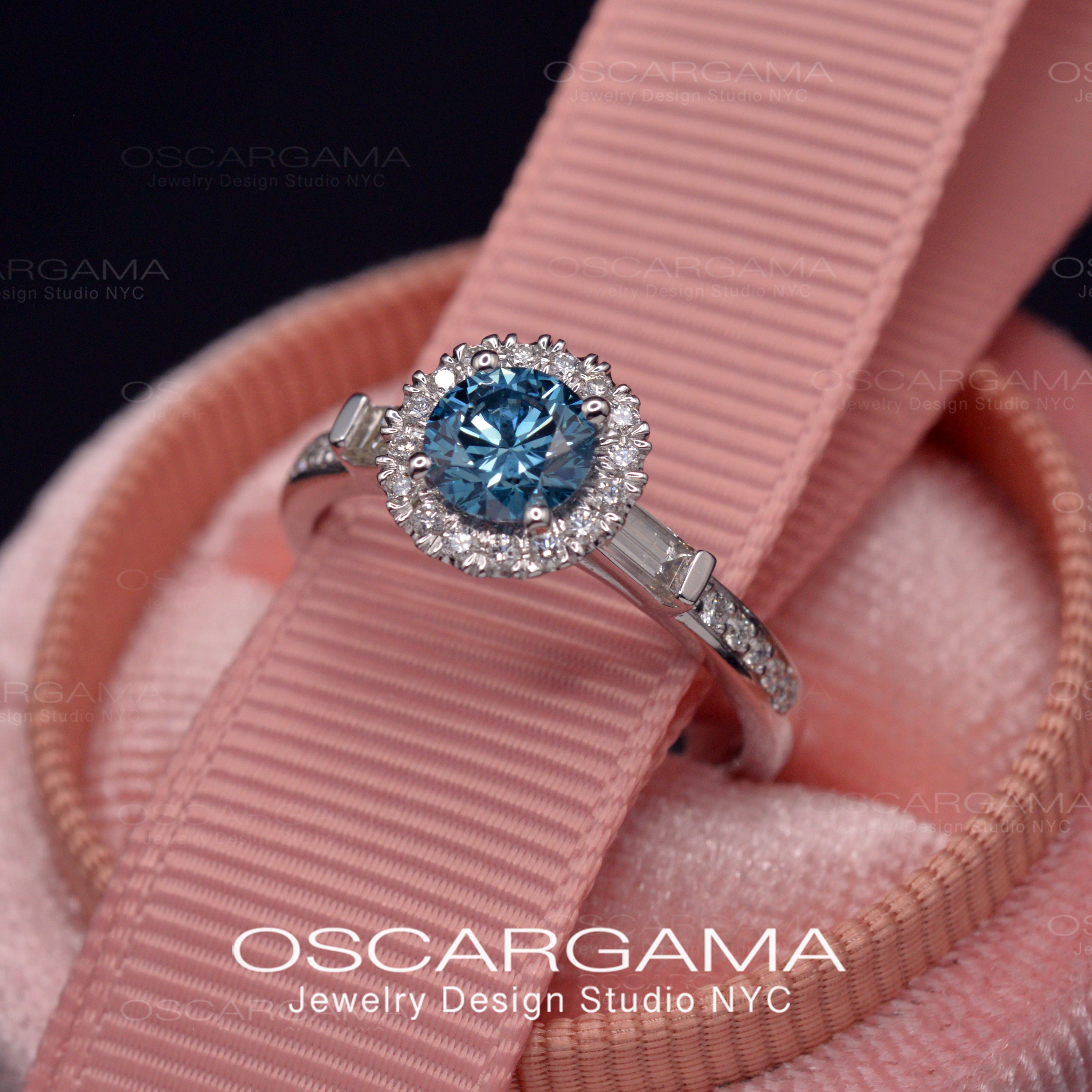 Blue Diamond halo engagement ring